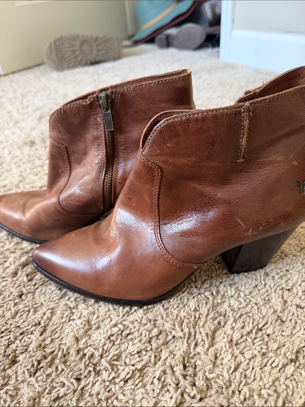 Frye Brown Leather Ankle Boots with Block Heel - Women